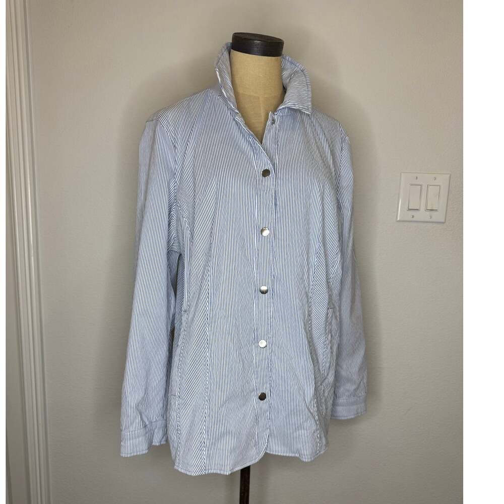 Chico's Seersucker Striped Jacket Coat Button front Blue White size 16 / 18